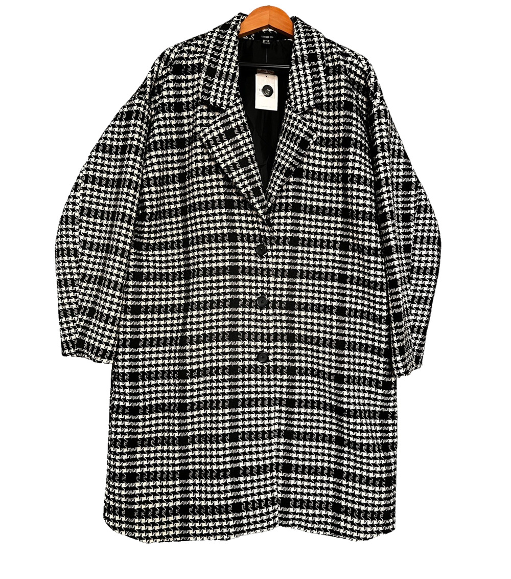 Forever 21 Houndstooth Plaid Long Coat Womens Sz 2X Black White Oversized NWT
